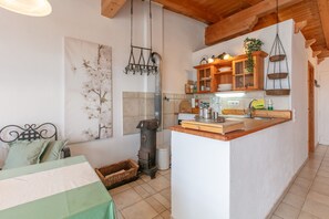 Een compacte keuken met een centraal eiland, houten kastjes en een hangplant.