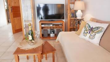 Una sala de estar con televisor, muebles de madera, una botella de vino y un cojín con forma de mariposa.