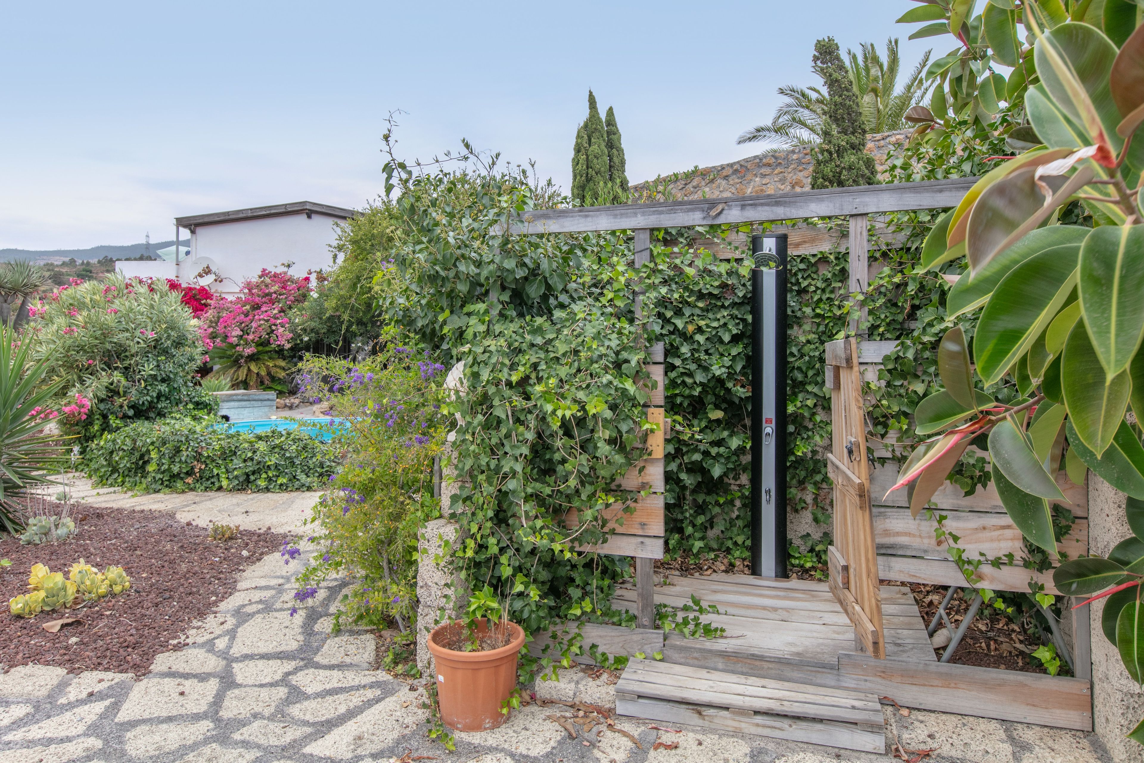 A garden with a wooden pergola, a potted plant, and a stone pathway.
