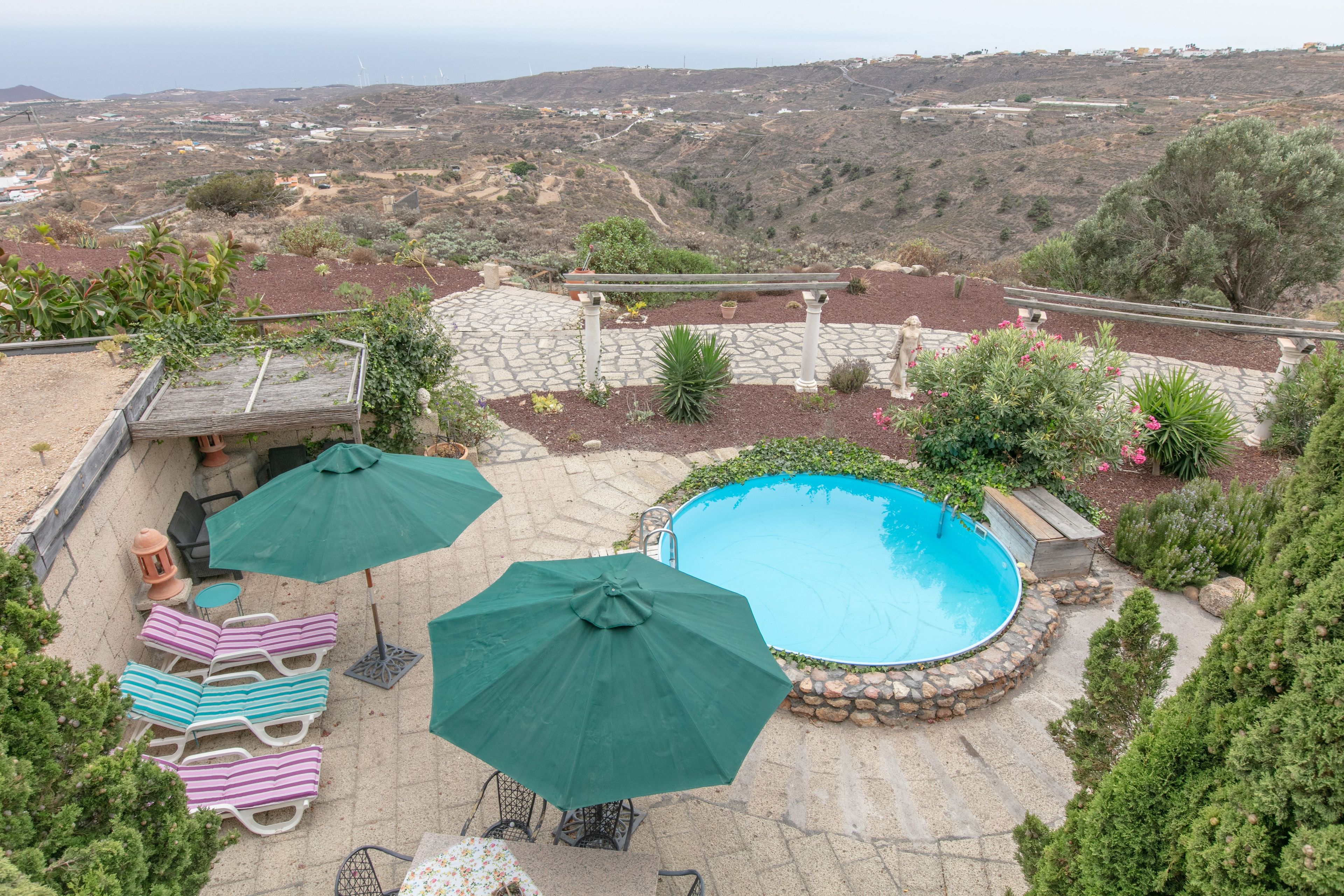 A backyard with a swimming pool, lounge chairs, and umbrellas.