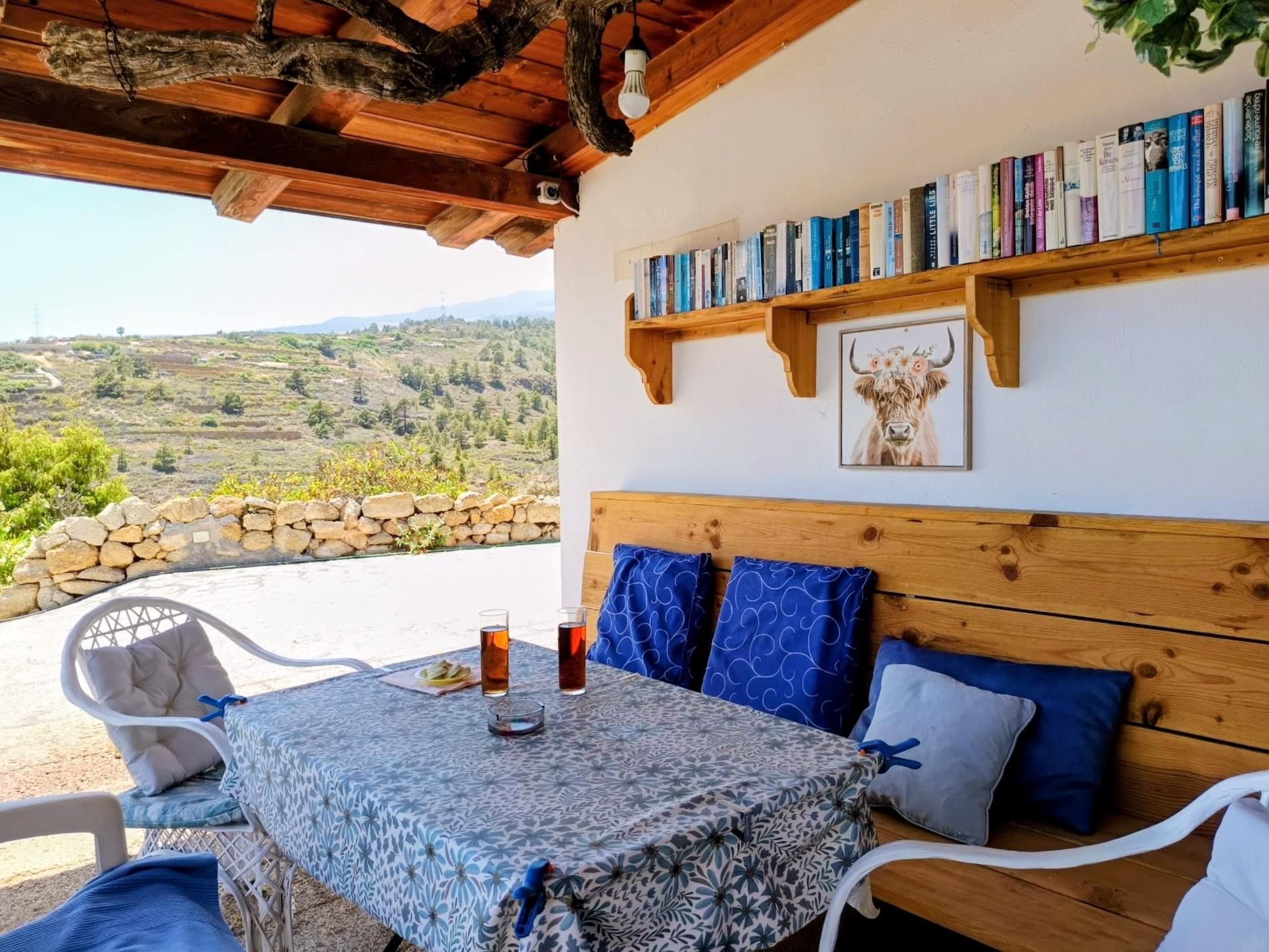 A cozy outdoor seating area with a table, chairs, and a bookshelf with books.
