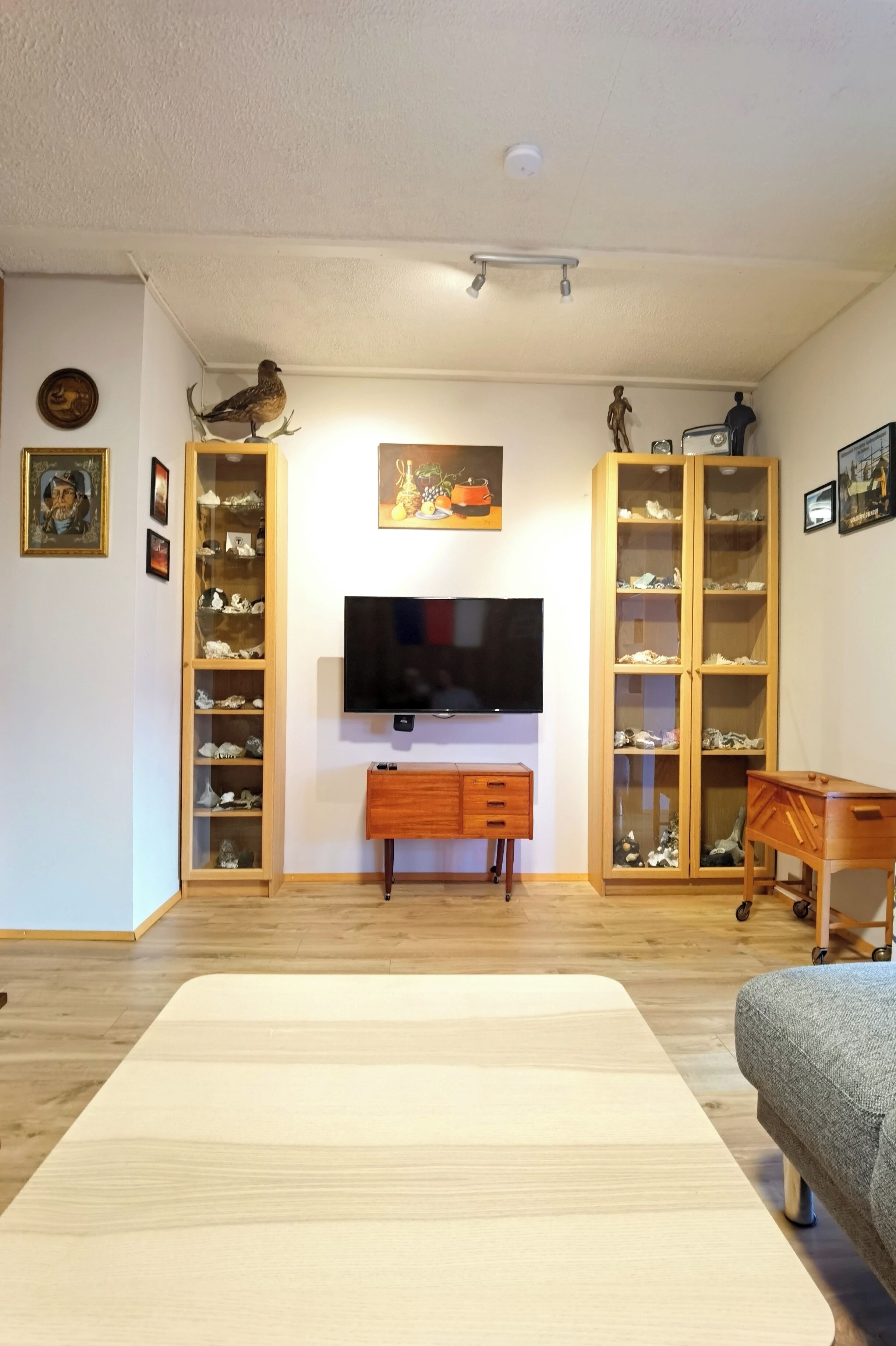 A living room with a flat-screen TV, wooden cabinets, and a large rug.