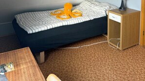Une petite chambre avec un lit simple, un plafond en pente, une table de chevet avec une lampe et un tableau encadré au mur.