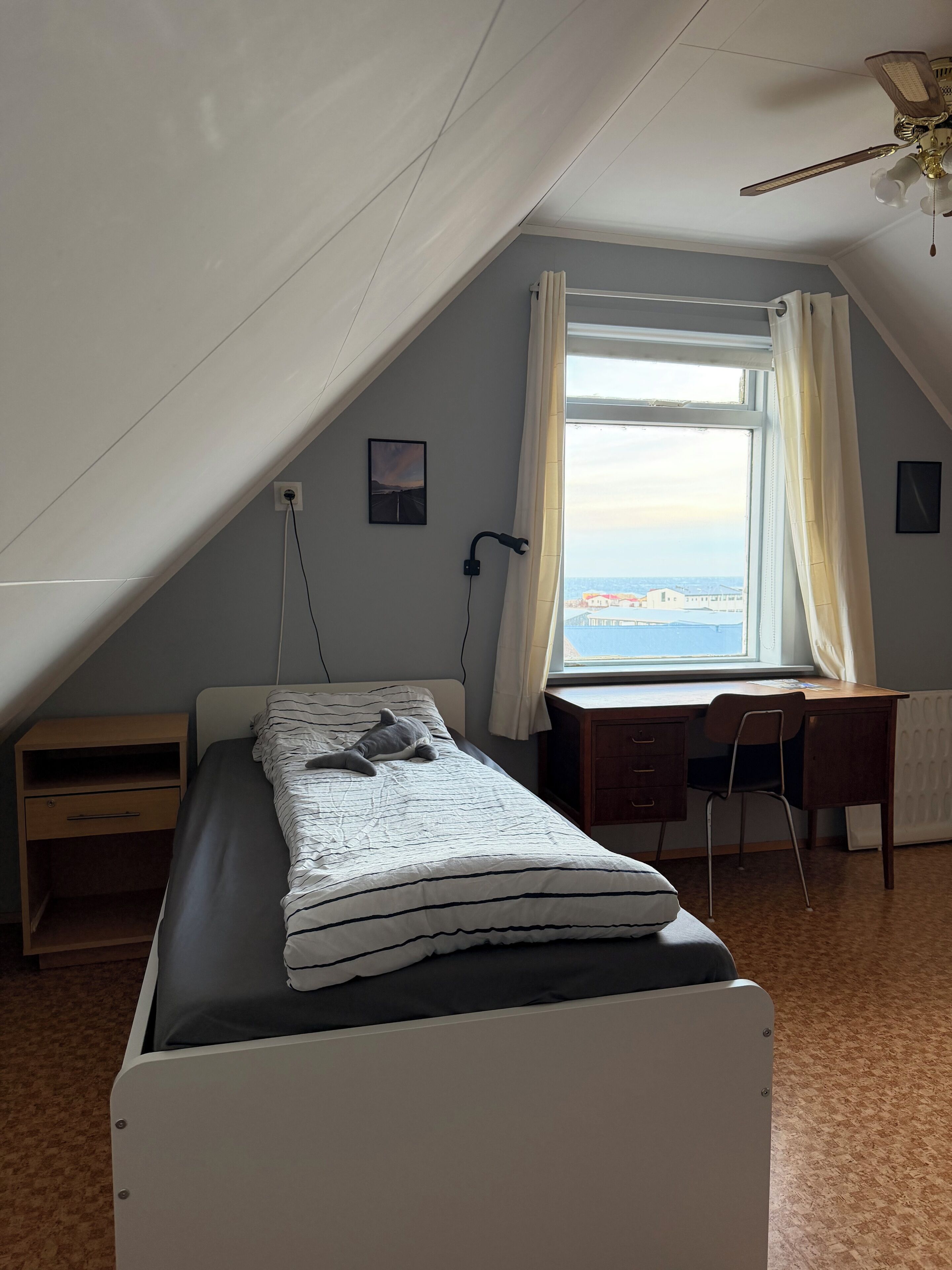 A dorm-style room with a bed, desk, and window overlooking a body of water.