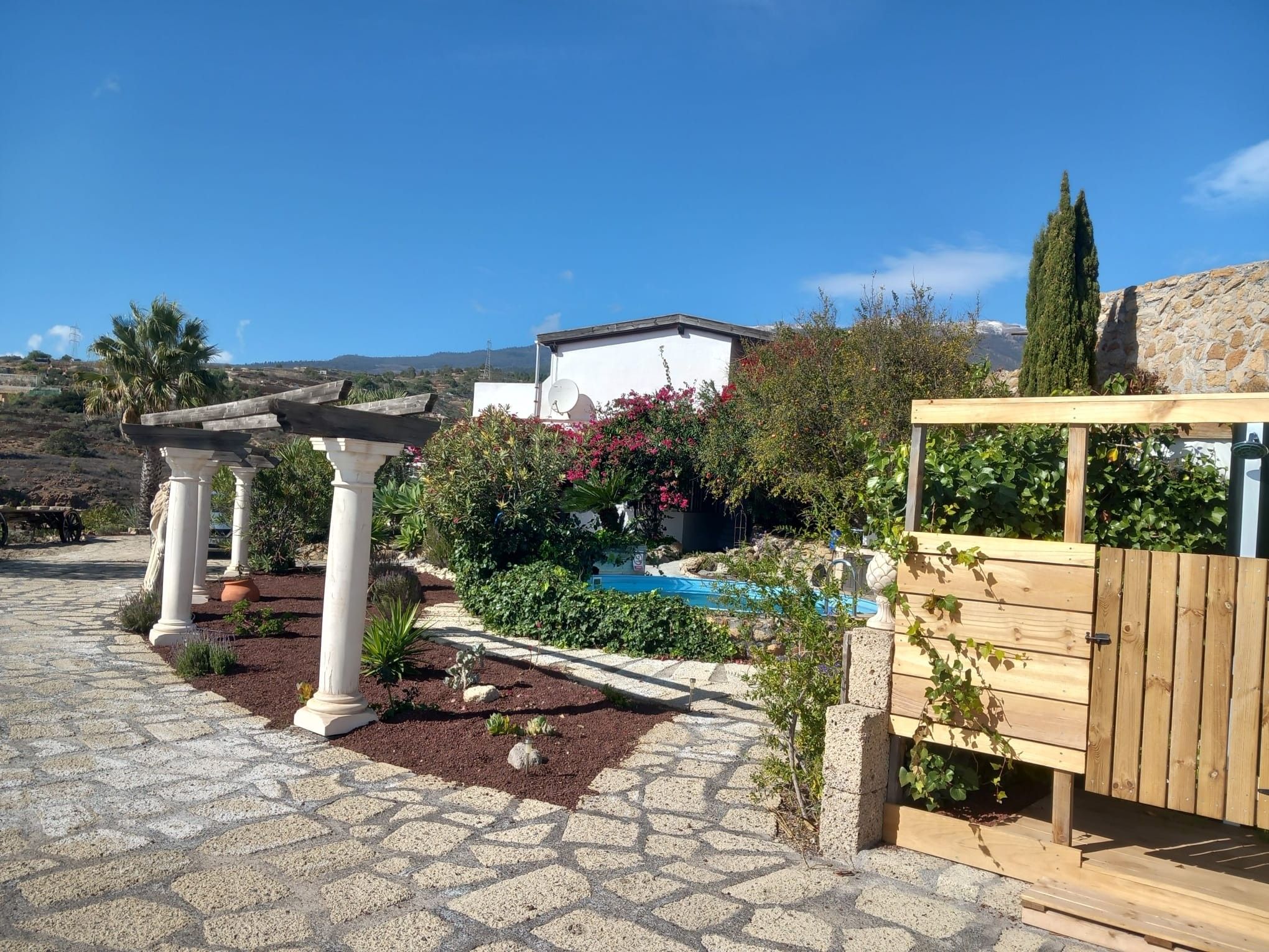 Een tuin met een zwembad, witte zuilen en een houten pergola.