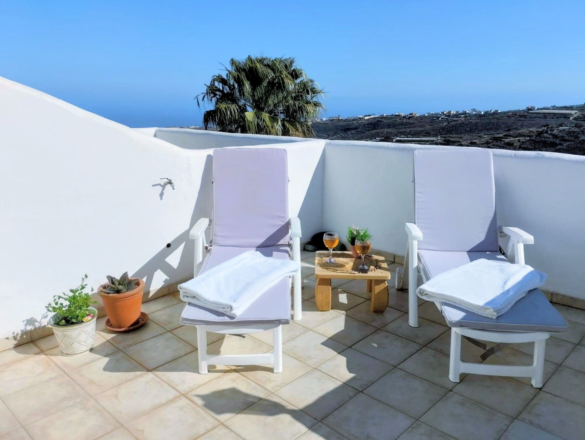 Deux fauteuils blancs, agrémentés de serviettes, une petite table avec un verre de vin et des plantes en pot, le tout sur une terrasse carrelée offrant une vue sur la mer et un palmier.