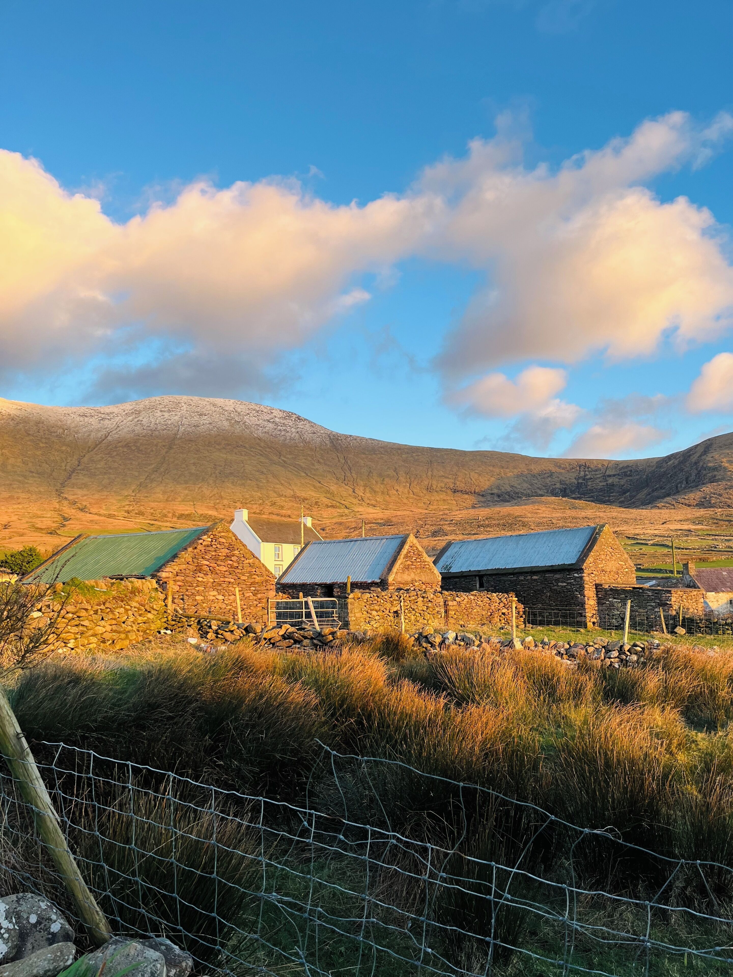 A rural landscape with stone buildings and a mountain in the background.