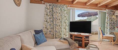 A living room with a sofa, television, and a view of a mountainous landscape through a sliding glass door.