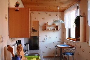 A kitchen with wooden cabinets, a stainless steel refrigerator, a hanging light fixture, and a window with a plant. - Holiday apartment Assenta (Blankenburg)