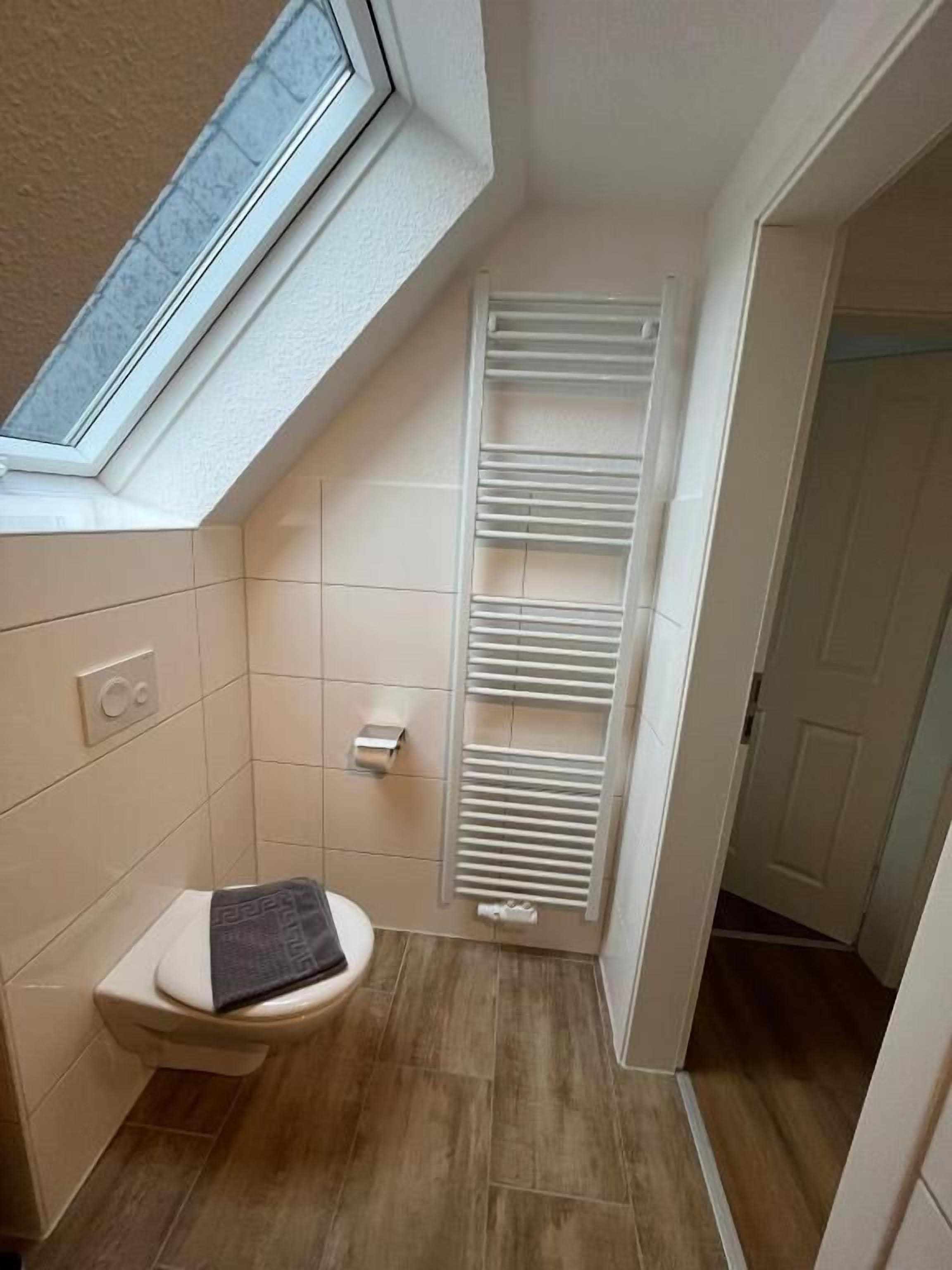 Ein kleines Badezimmer mit Toilette, Handtuchhalter und einem Oberlicht.