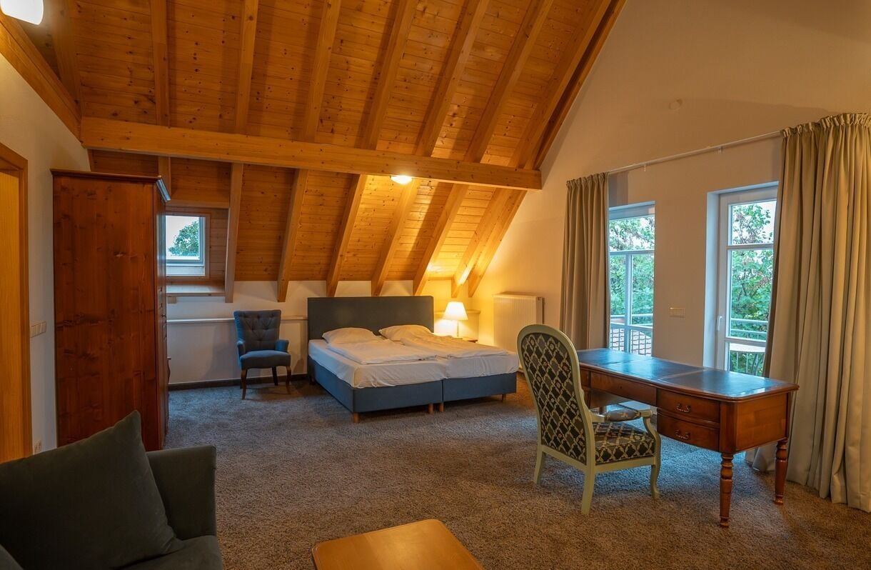 Un dormitorio con techo de madera, una cama, un escritorio, una silla y una ventana.