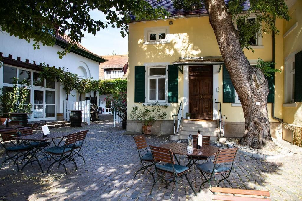 An outdoor seating area with tables and chairs, a tree, and a building with a door and windows.