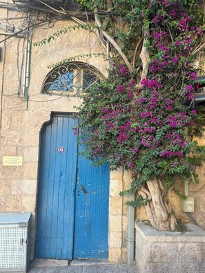 A blue door with a number plaque, a stone wall, and a tree with purple flowers.
