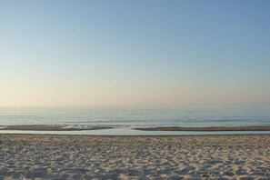 Ein Strand mit blauem Himmel und ruhiger See.