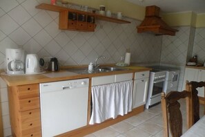Cuina compacta amb rentaplats, fogó i encimera de fusta.