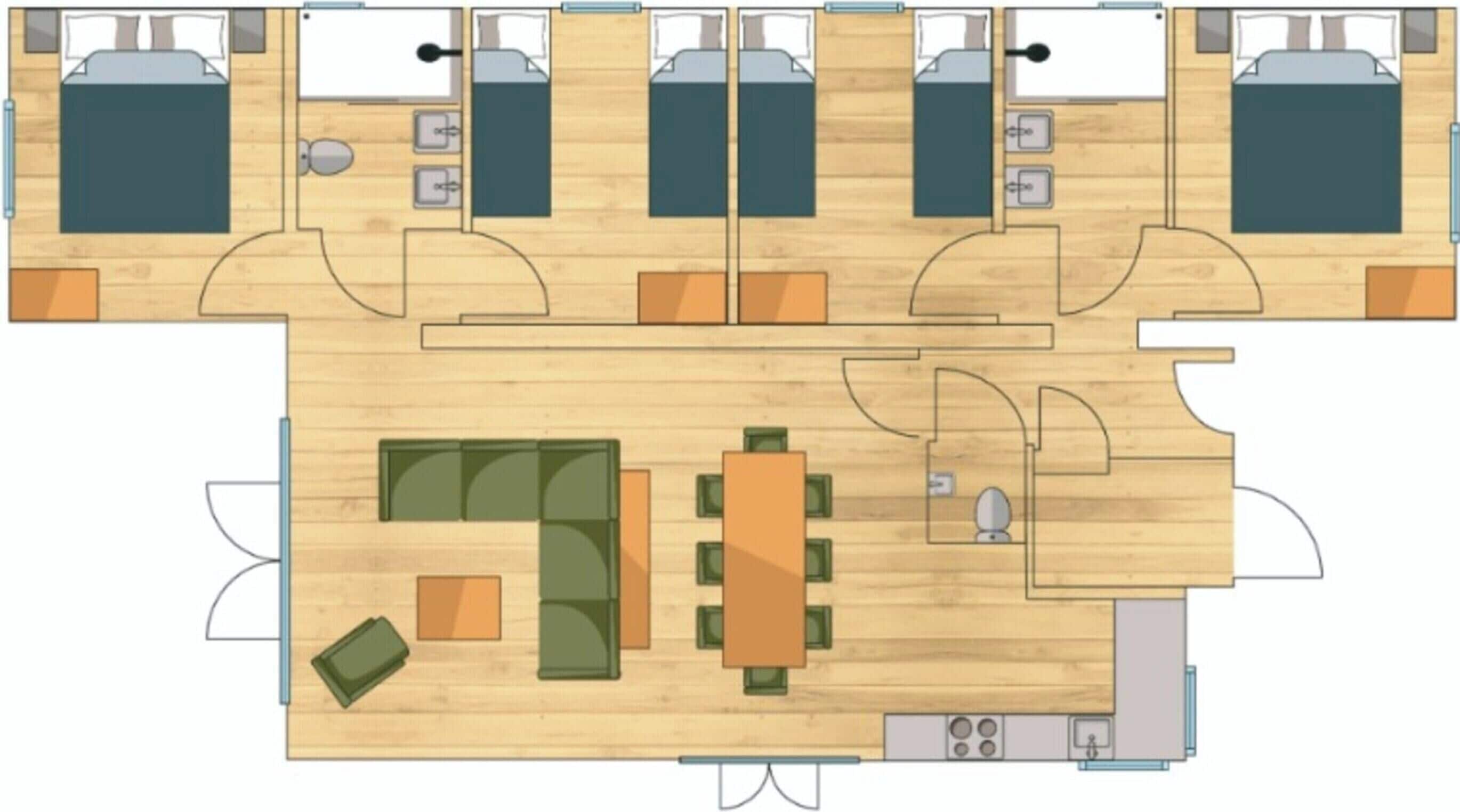 A hotel layout with four bedrooms, a dining area, a kitchen, and a bathroom.