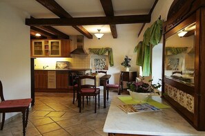 Une cuisine avec des meubles de rangement en bois, une table à manger, des chaises et une plante suspendue.