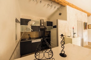 A kitchen with modern appliances, a hanging light fixture, and a decorative candle holder. - Just a short walk from the Luberon Mountains—accommodations for up to six people (Maubec)