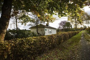 A white house with a chimney, surrounded by dense foliage and a hedge. - Holiday home Waldhaus (59909 Bestwig)