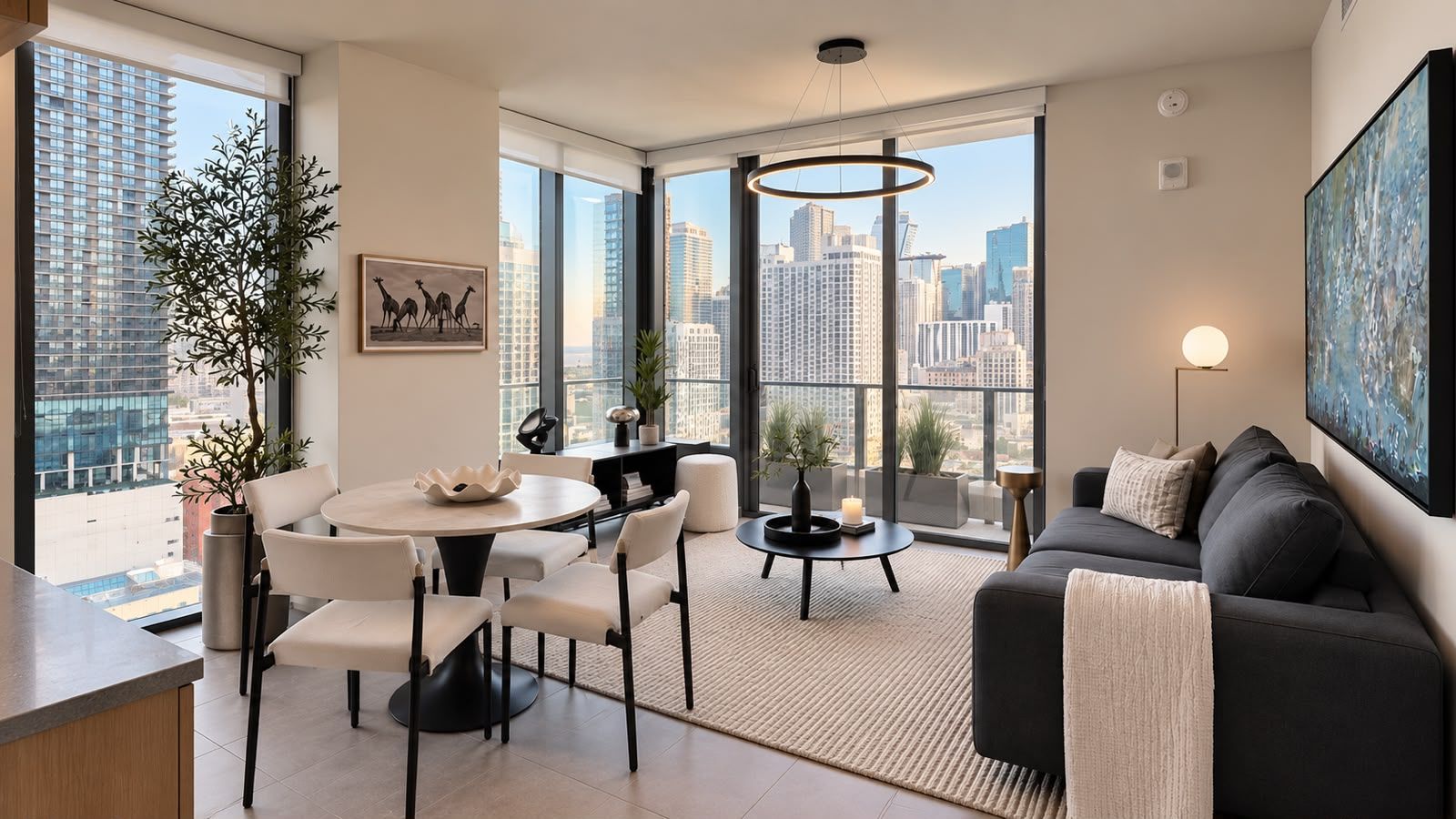 A modern living room with a dining area, large windows, and a city view.