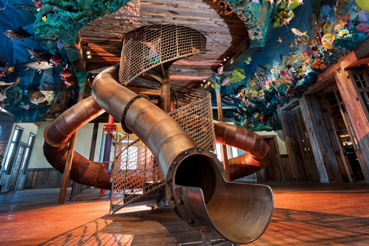 Une grande structure de style industriel, dotée de nombreux tuyaux et d’une enceinte en treillis métallique, se dressant sur un fond décoré de motifs représentant une faune marine colorée.