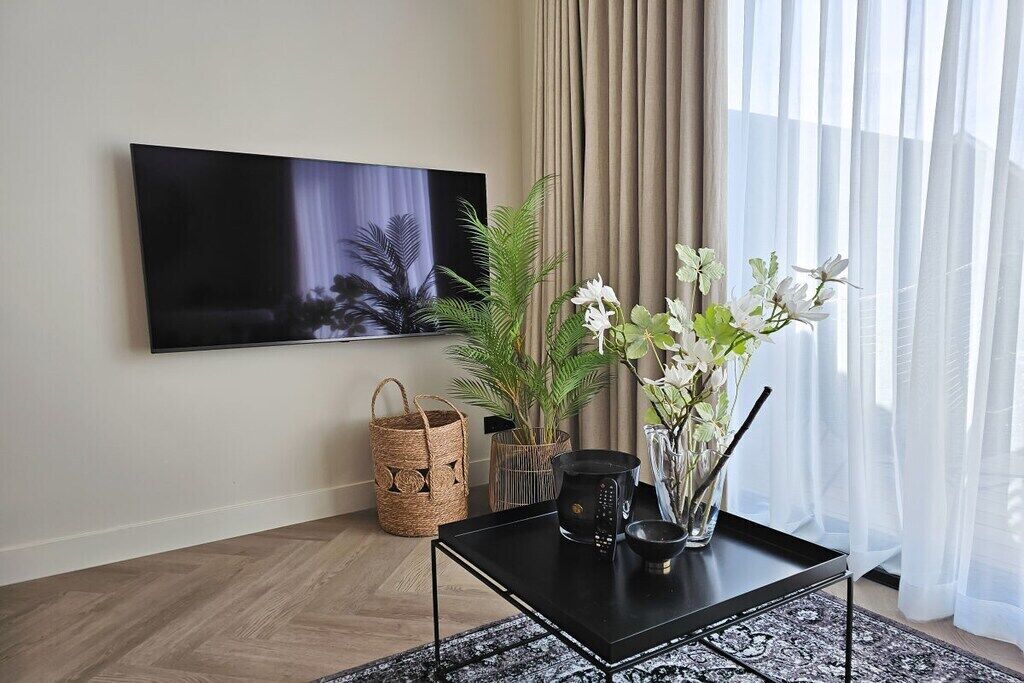 Ein modernes Wohnzimmer mit einem flachbildfernseher an der Wand, einem schwarzen Couchtisch mit Dekoration, einem gewebten Korb und einer Zimmerpflanze.