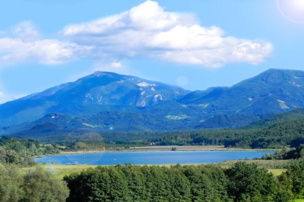A mountainous landscape with a lake and forested area.