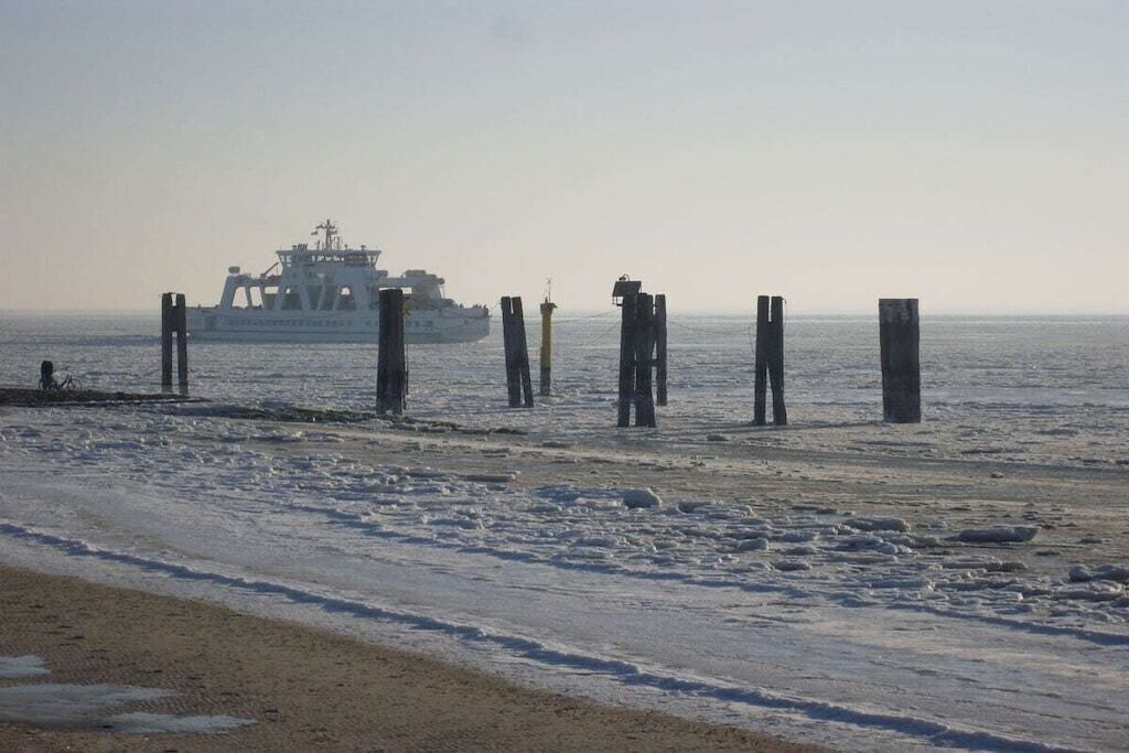 A beach with wooden posts and a ship in the background.