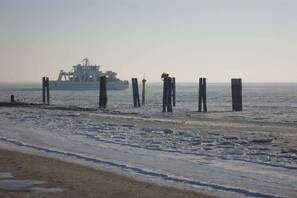 Ein Strand mit Holzpfählen und einem Schiff im Hintergrund.