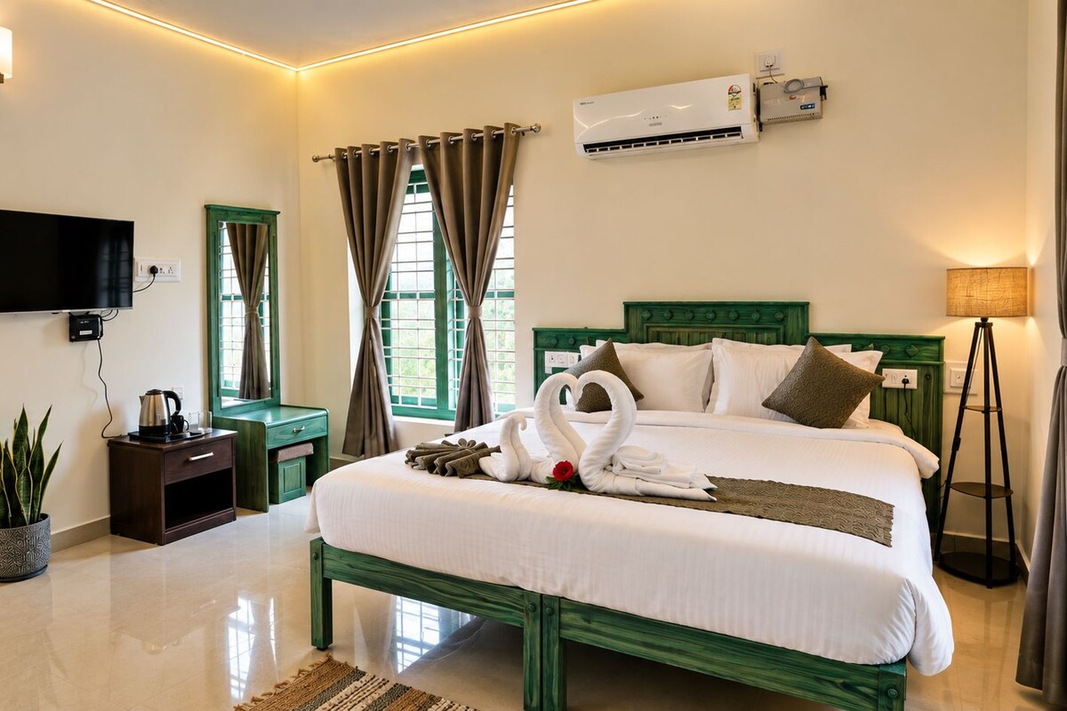 Habitación de hotel con cama, mesita de noche, televisor, aire acondicionado y una planta en maceta.