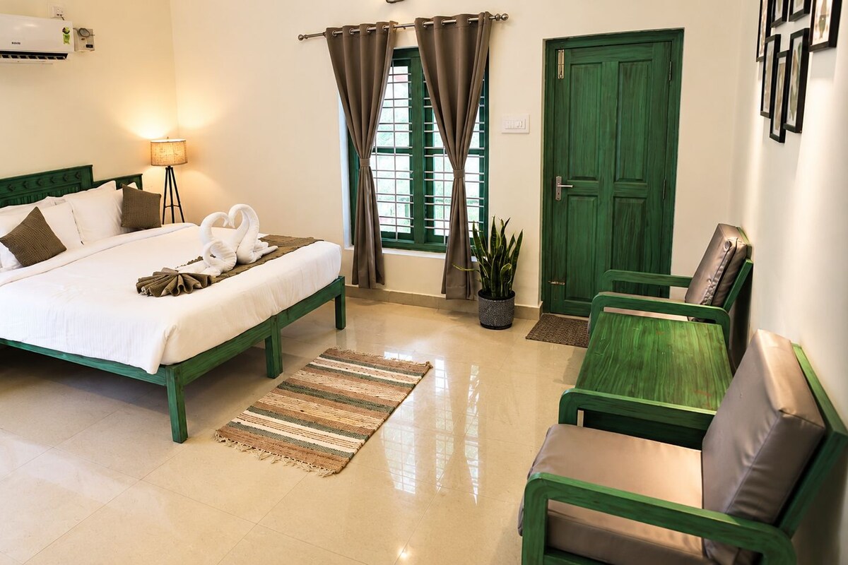 Habitación de hotel con cama, mesita de noche, lámpara, cortinas, una puerta verde y una silla verde.