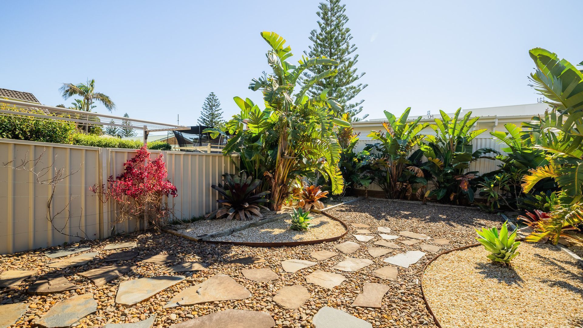 Un jardín con diversas plantas tropicales, un sendero de piedra y una cerca.