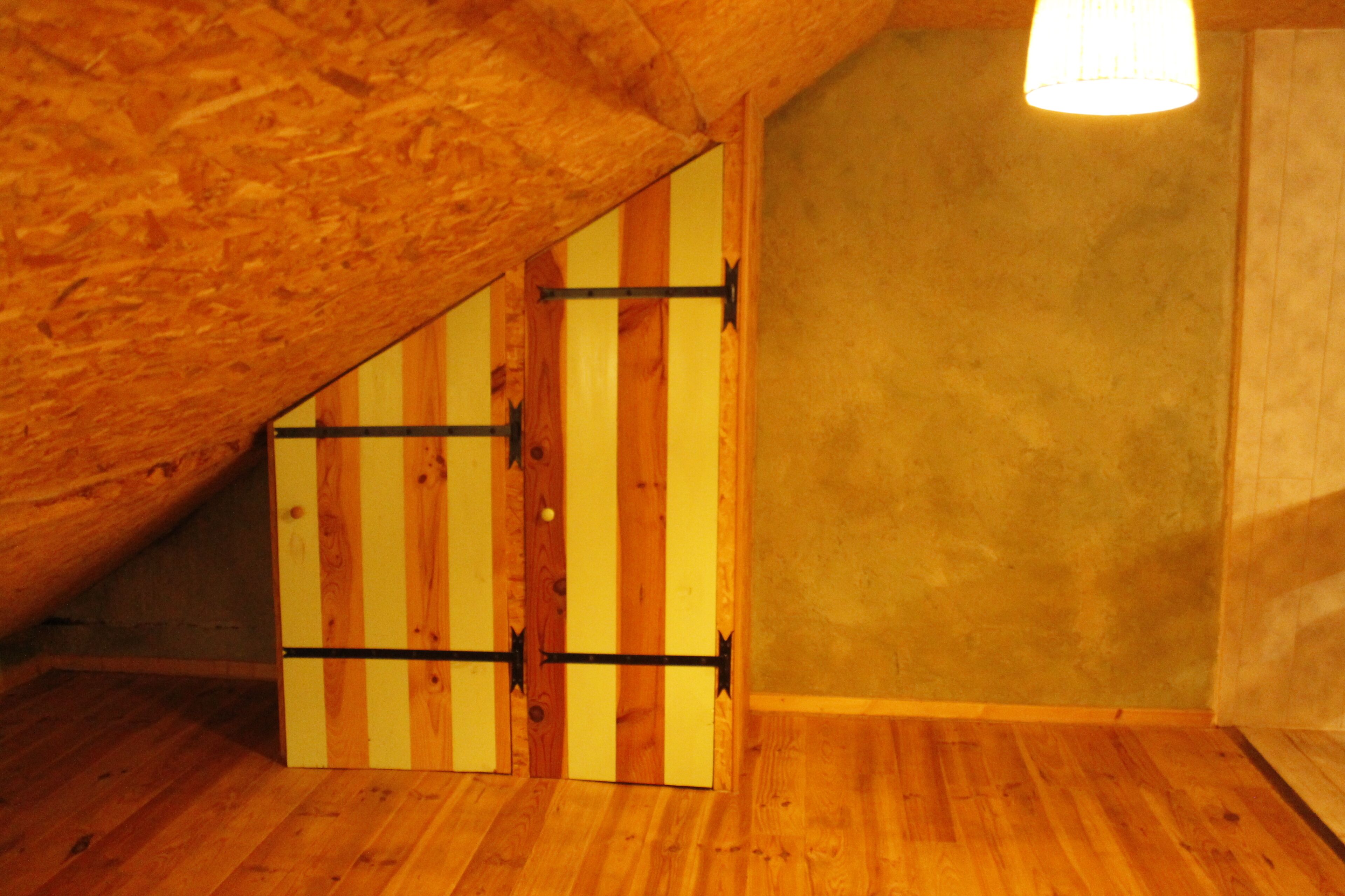 Une pièce dotée d’un plancher en bois, d’un plafond en pente et d’une porte composée de planches de bois verticales.