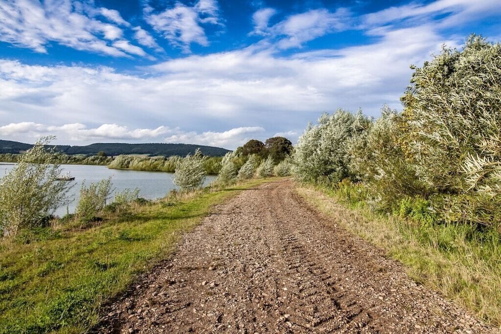 Un chemin de gravier mène à un plan d’eau, bordé d’arbres de chaque côté.