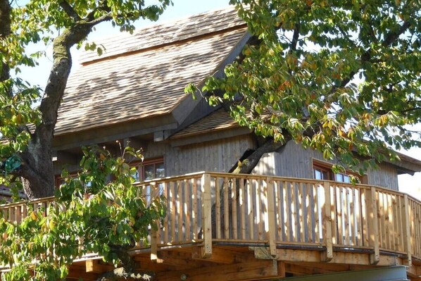 Un edificio in legno con un balcone, immerso nel verde.