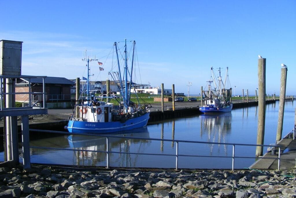 Un port de plaisance avec des bateaux amarrés, un bâtiment doté d’un toit plat et un ciel dégagé.