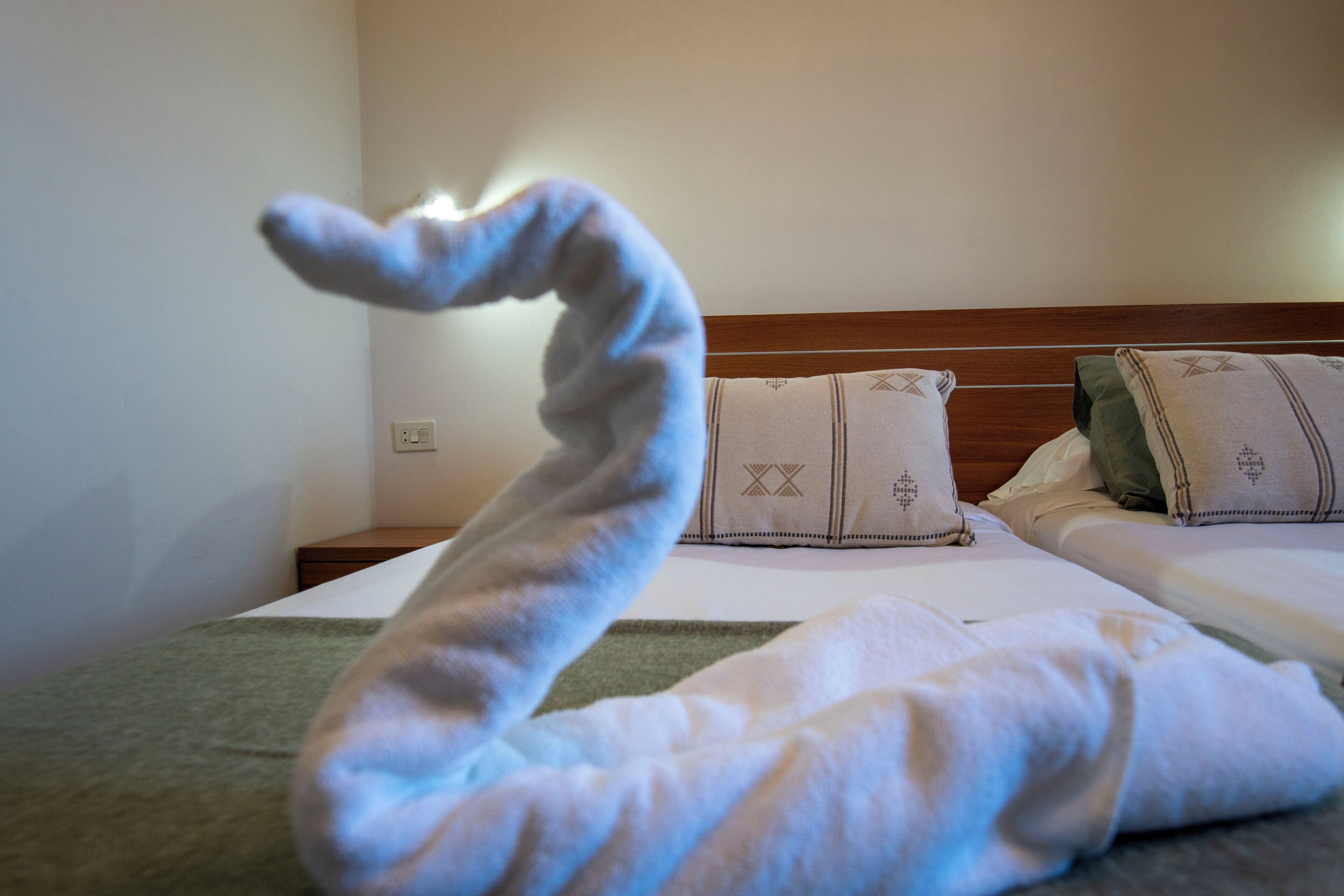 A hotel room with a neatly made bed, pillows with a geometric pattern, and a towel arranged in a swan shape.