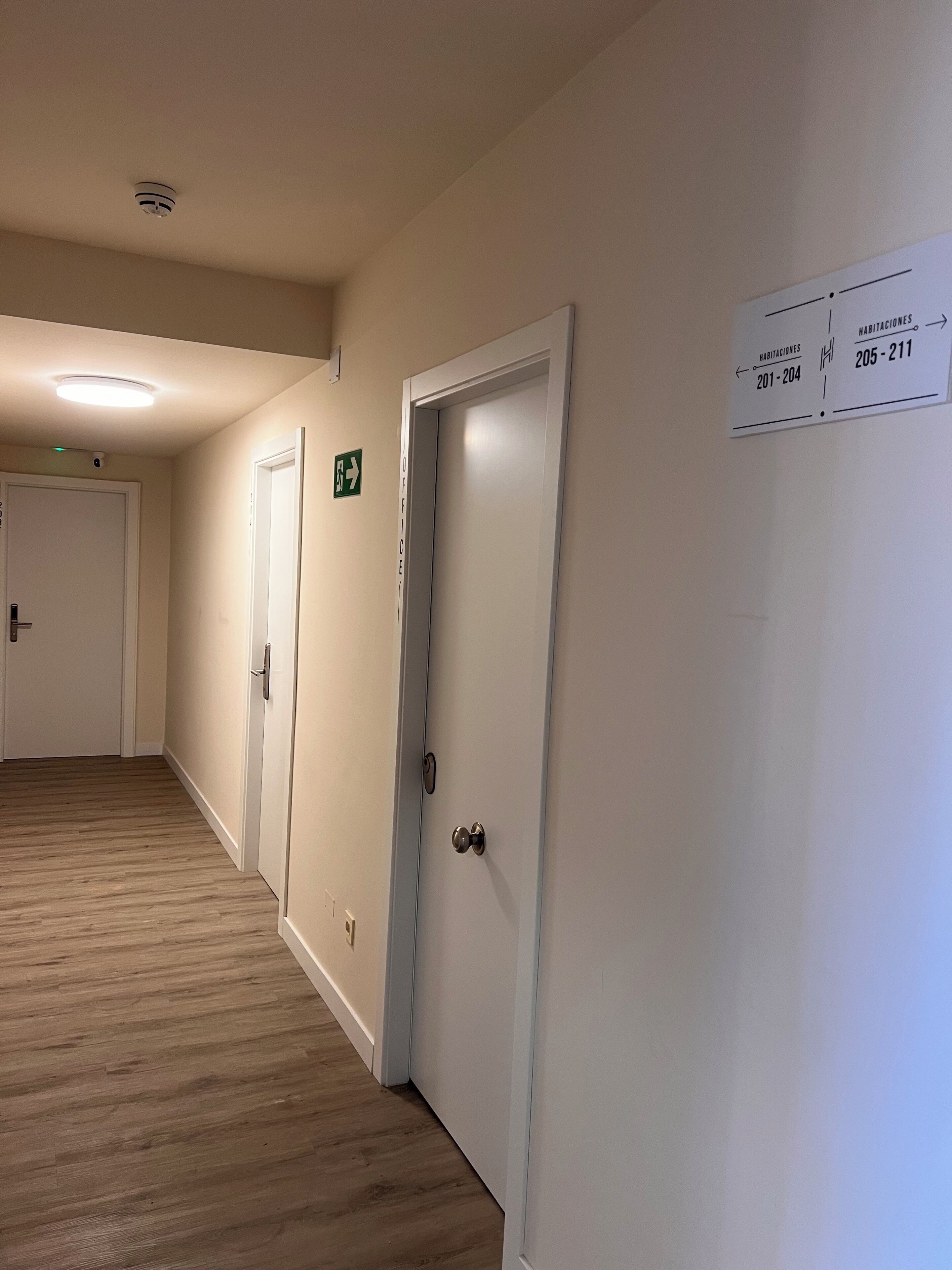 Un pasillo con dos puertas, una identificada como oficina, y un cartel que indica los números de habitación 201 a 204 y 205 a 211.
