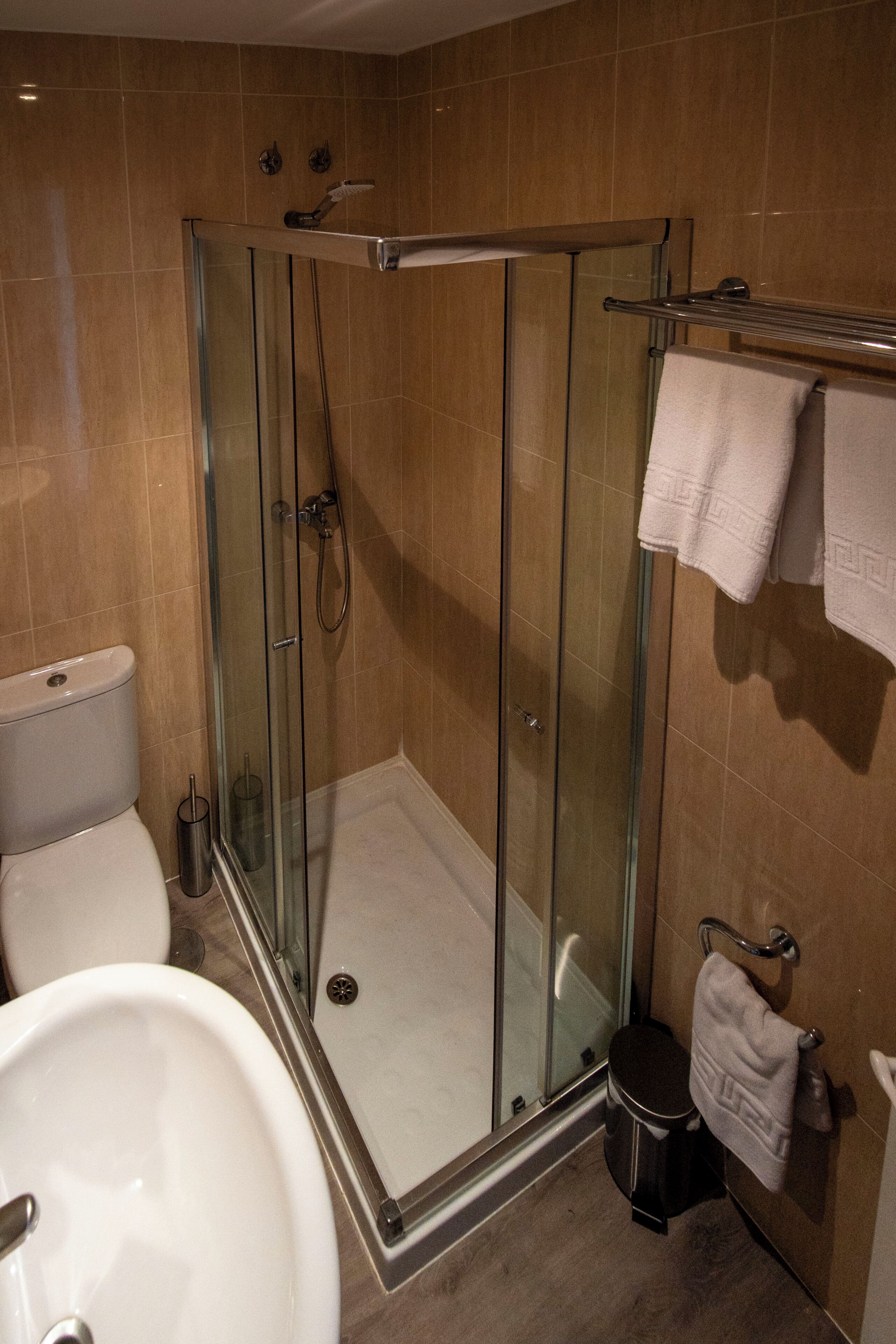 A modern bathroom with a glass-enclosed shower, a white toilet, and a sink.