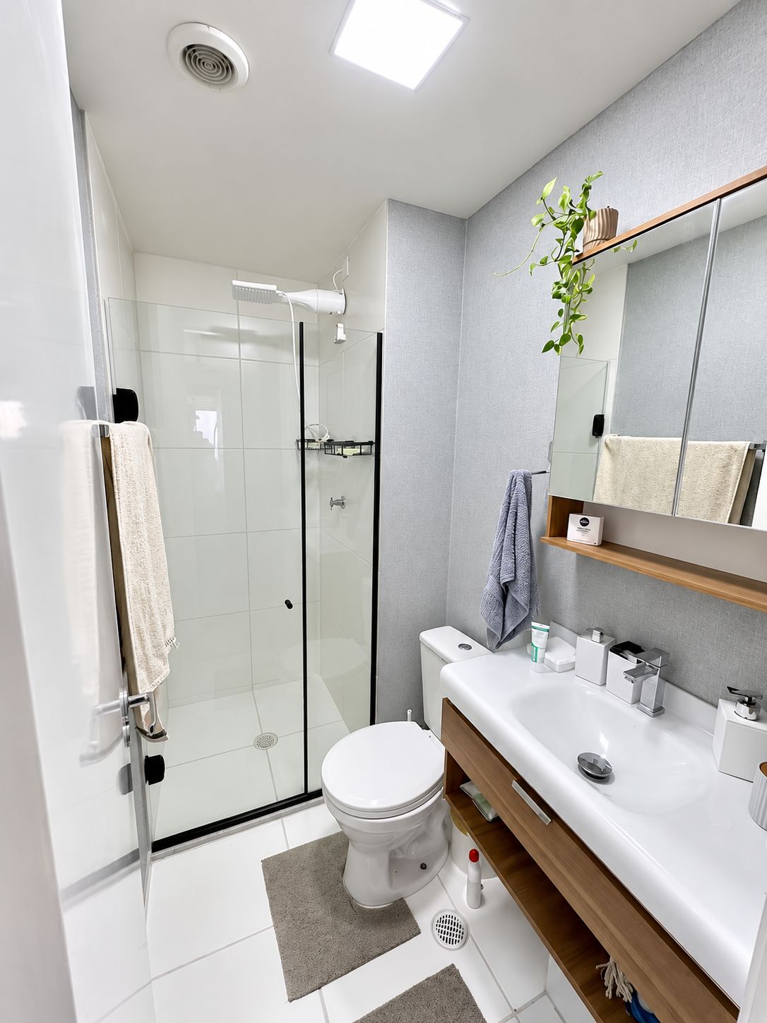 A modern bathroom with a glass shower enclosure, a white toilet, and a vanity with a mirror and shelves.
