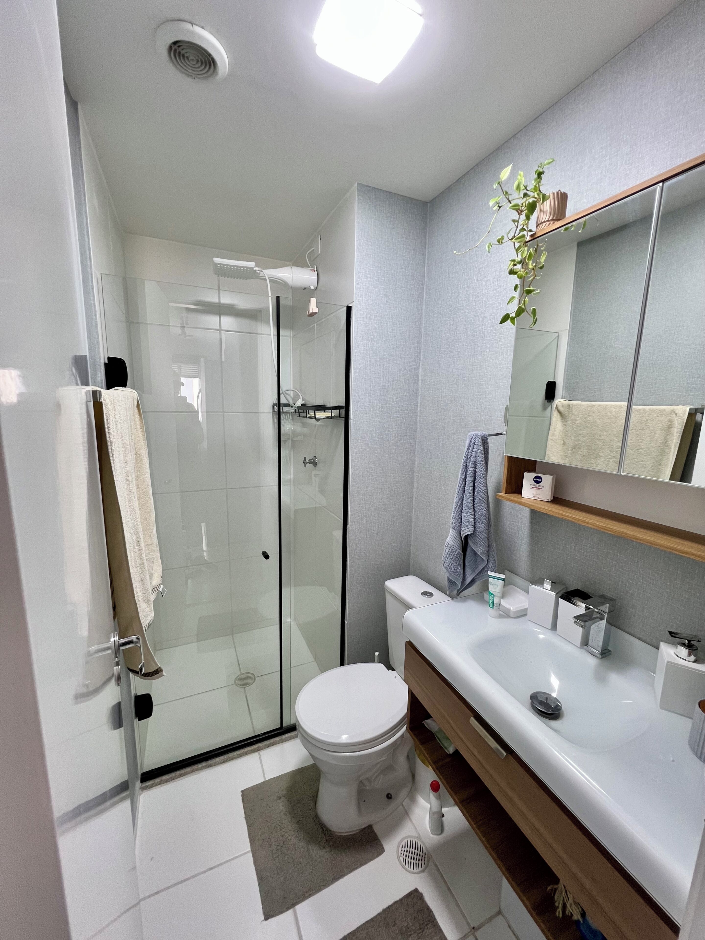 A modern bathroom with a glass shower enclosure, a toilet, a sink with a mirror, and a towel rack.