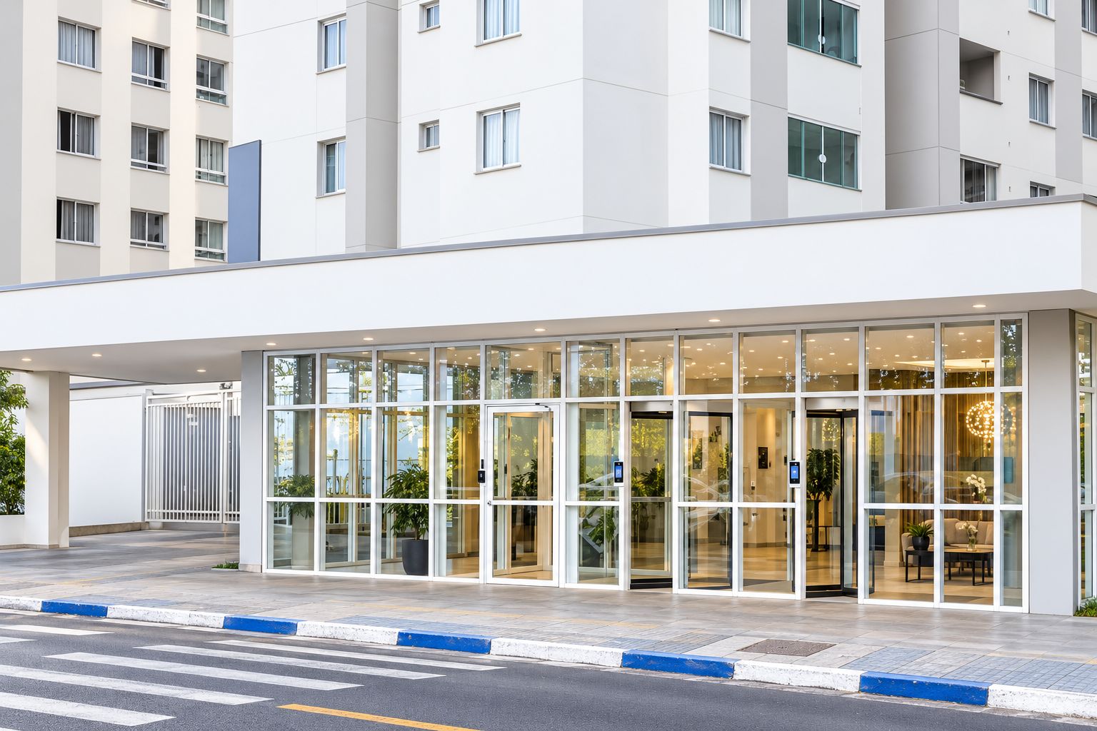 Ein moderner Hotelzugang mit Glasfassade, einem überdachten Zugangsbereich und einer befestigten Auffahrt.