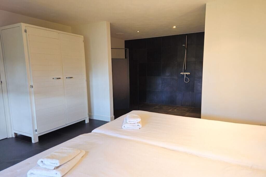 Habitación de hotel con cama, armario y zona de ducha.