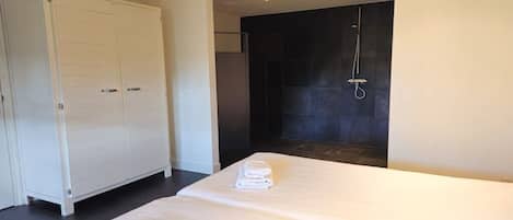 Habitación de hotel con cama, armario y zona de ducha.