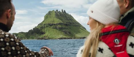 Um grupo de pessoas em um barco olhando para uma ilha verde e rochosa.