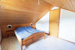 A single wooden bed in a room with a sloped ceiling, a small bedside table, and a door.