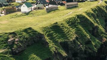 A coastal village with houses built on grassy slopes.