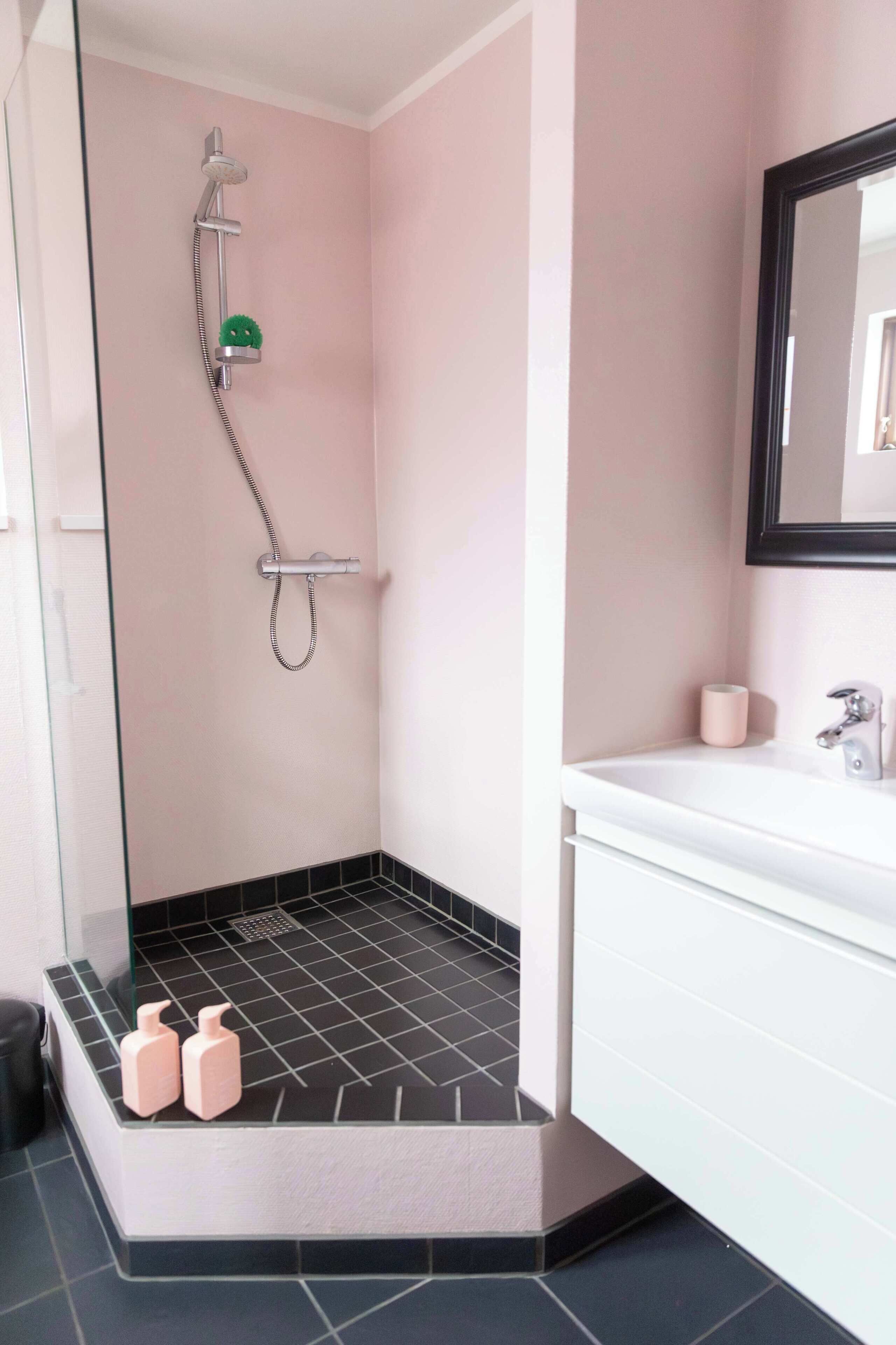 A bathroom with a shower, a sink, and a mirror.