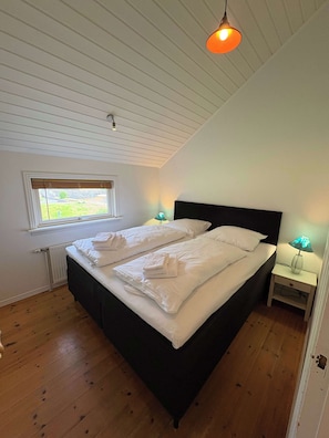 Een slaapkamer met een groot bed, een raam, een radiator, een plafondlamp en een nachtkastje met een lamp.