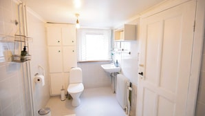 A bathroom with a toilet, sink, shower, and a radiator.
